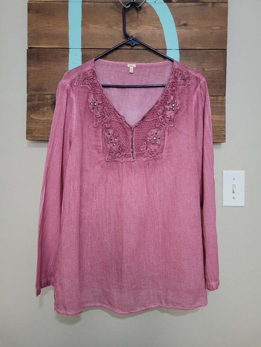 Reba Bohemian Pink Embellished V-Neck Long Sleeve Lightweight Cotton Sheer Top